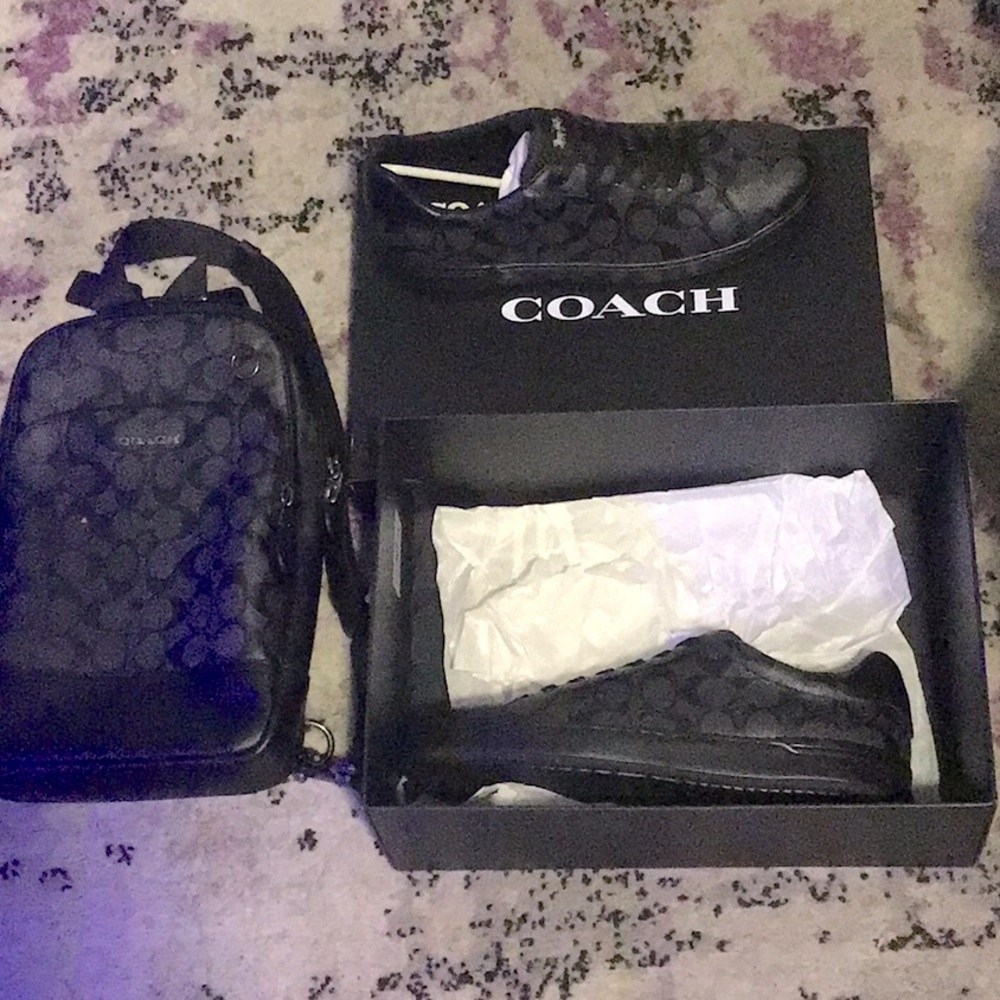 black coach mens cross body bag with black slip on coach shoes